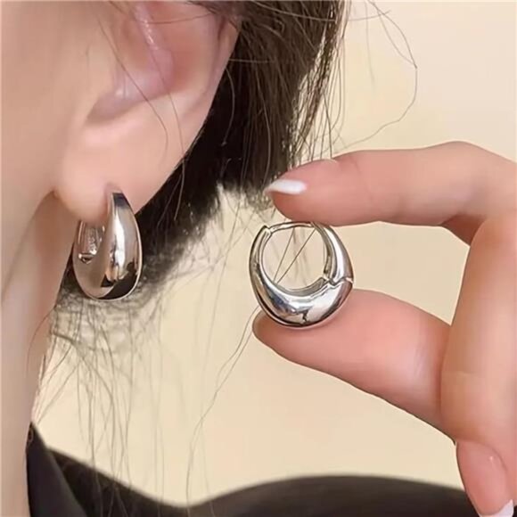 Anthropologie Glossy French Shiny Silver Hoop Earrings - Picture 2 of 6